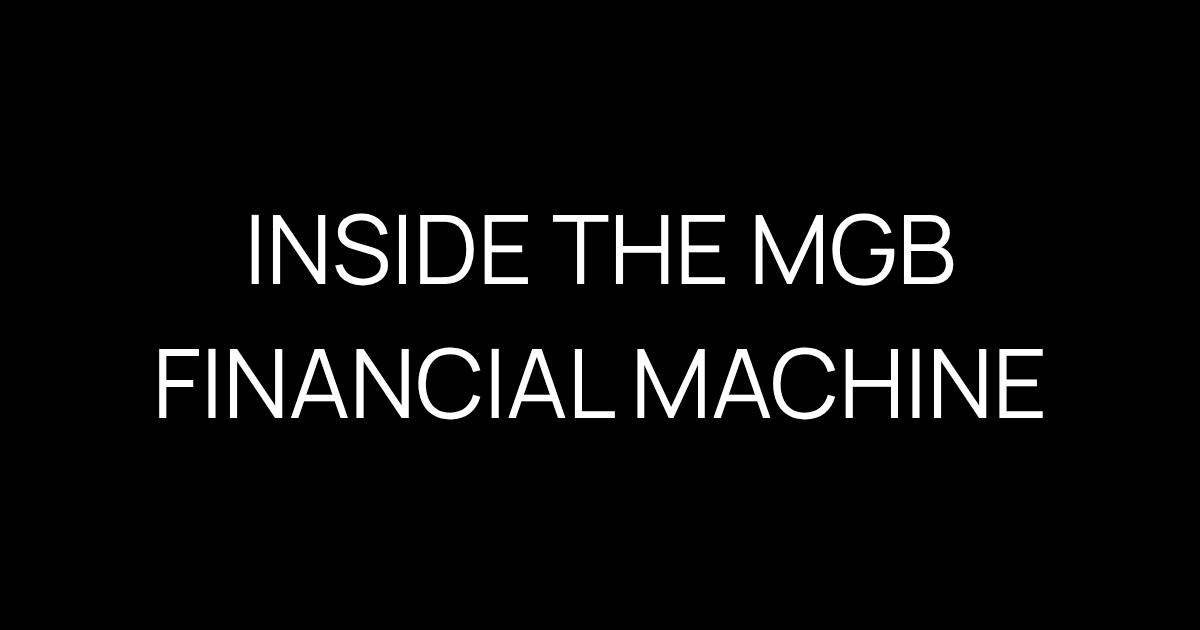 “Inside the MGB Financial Machine” appears in white uppercase lettering on a black field above a white band labeled “Jonathan Bowen dot Boston.”