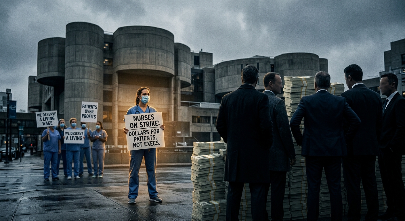 A dramatic editorial-style illustration depicting a lone nurse in scrubs standing on a picket line outside a large, imposing Brutalist-style hospital building in Boston, holding a sign, with grey overcast skies above. In the background, the hospital's rounded concrete architecture looms large and institutional. Other nurses stand in solidarity behind her in a blurred background. In the foreground, shadowy suited figures representing hospital executives and lobbyists gather on the opposite side, dwarfed by towering stacks of money. The scene is rendered in a moody, high-contrast photorealistic style with cold blue and grey tones, accented by warm amber light illuminating the nurses, suggesting resilience and humanity against an indifferent corporate structure. The overall composition conveys the tension between compassionate frontline healthcare workers and the powerful institutional forces arrayed against them.