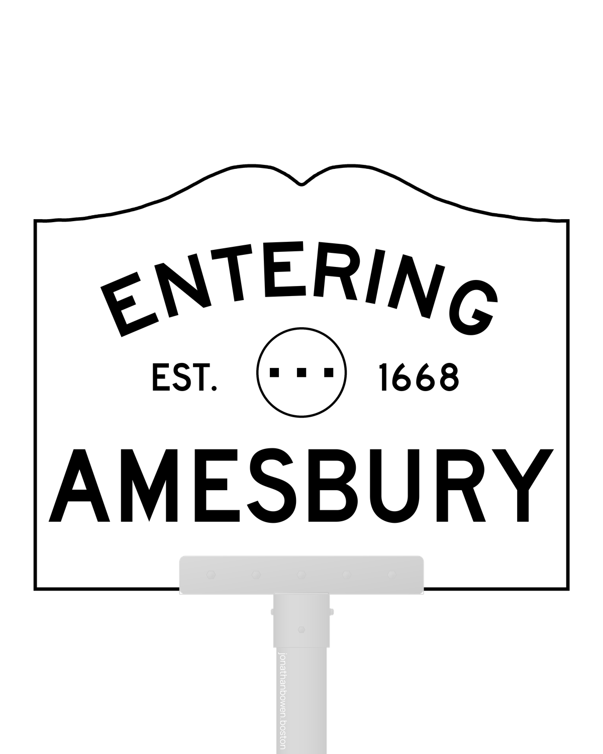 Amesbury, Massachusetts, appears on a municipal entry sign marked EST. 1668.