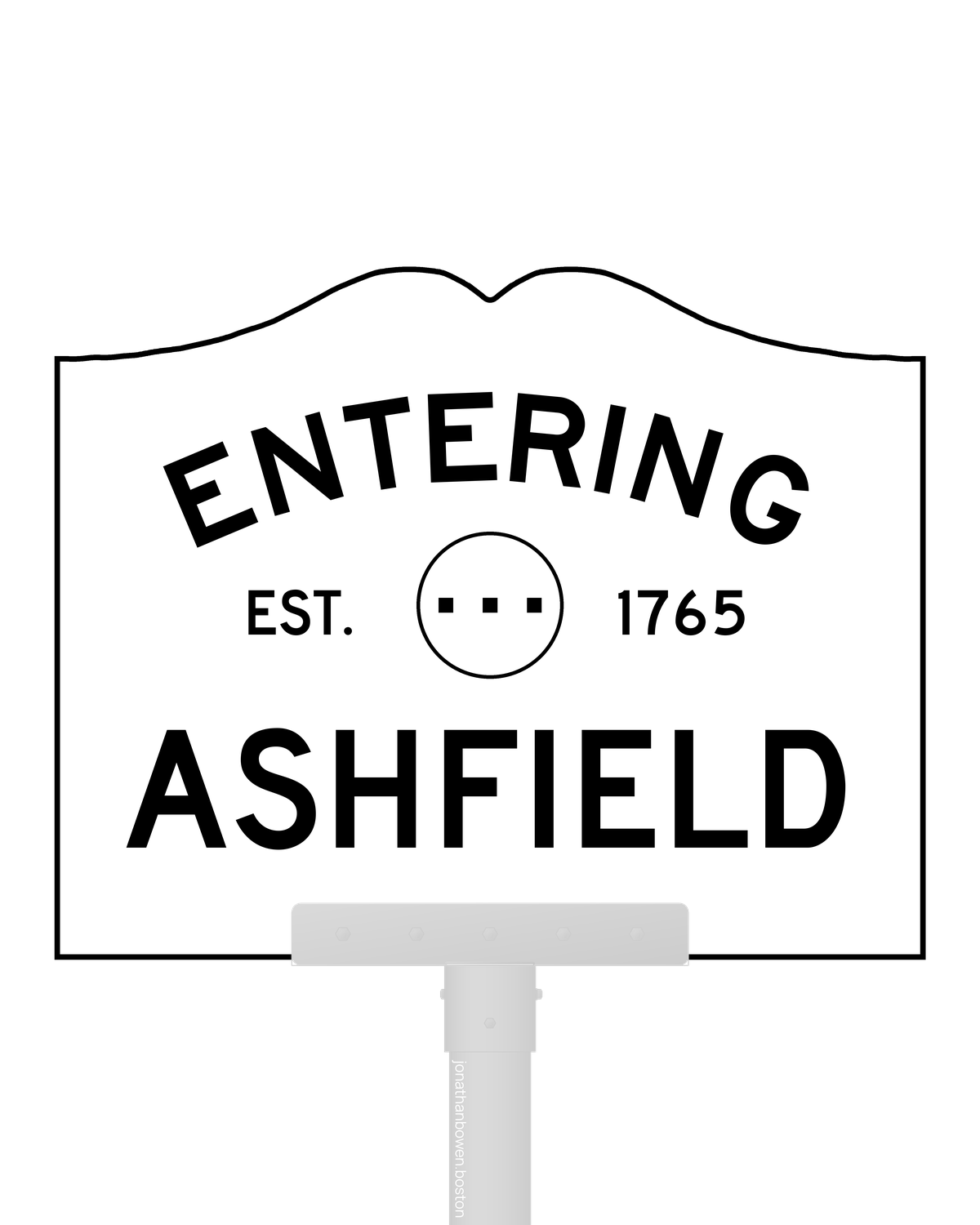 Ashfield, Massachusetts, appears on a municipal entry sign marked EST. 1765.