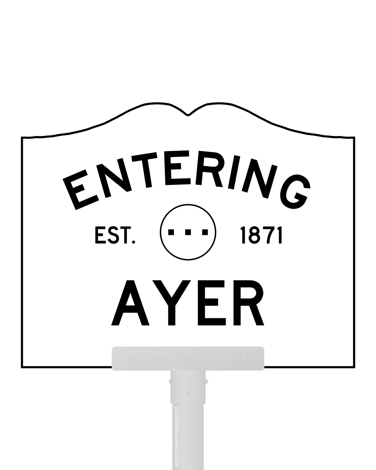 Ayer, Massachusetts, appears on a municipal entry sign marked EST. 1871.