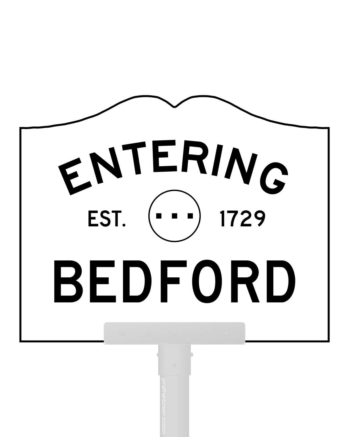 Bedford, Massachusetts, appears on a municipal entry sign marked EST. 1729.