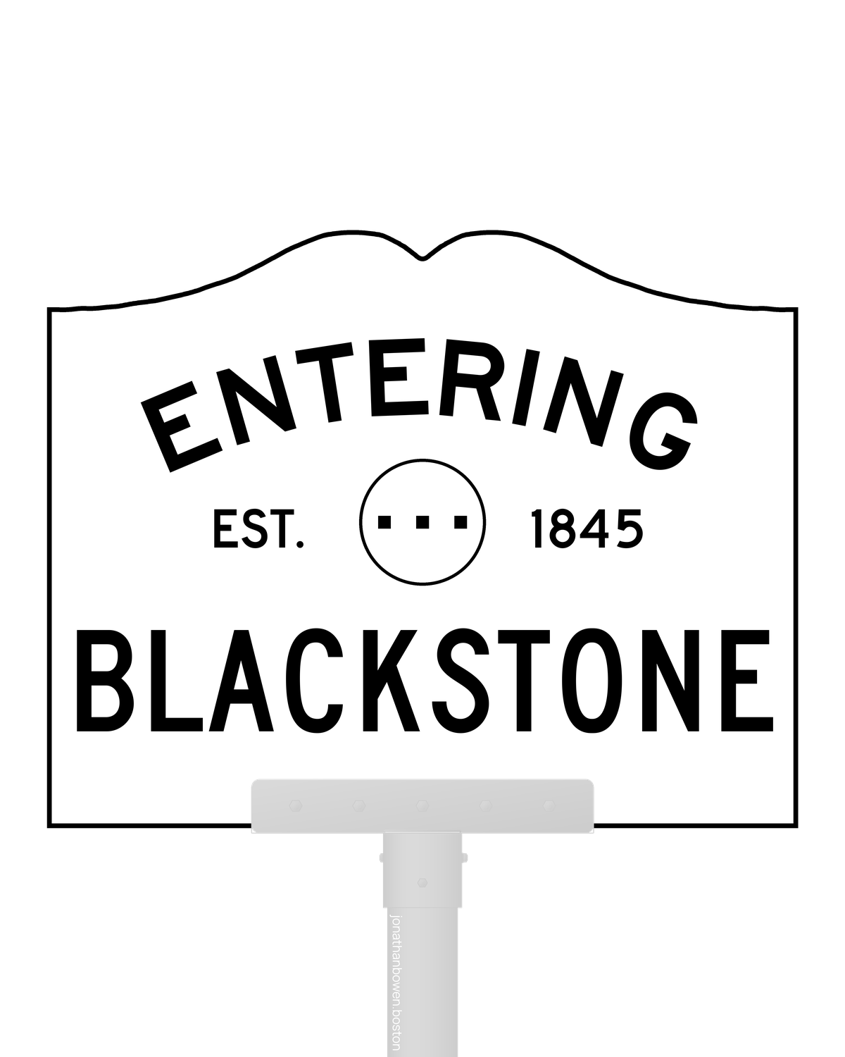 Blackstone, Massachusetts, appears on a municipal entry sign marked EST. 1845.