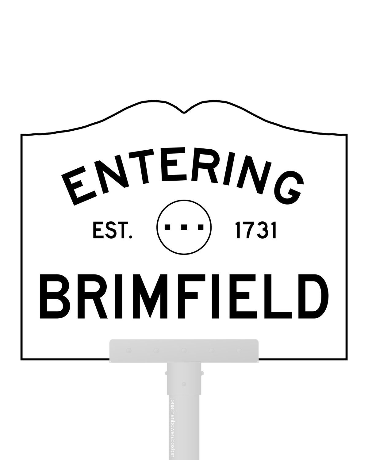 Brimfield, Massachusetts, appears on a municipal entry sign marked EST. 1731.