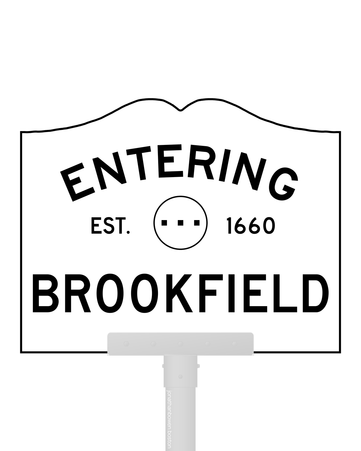 Brookfield, Massachusetts, appears on a municipal entry sign marked EST. 1660.