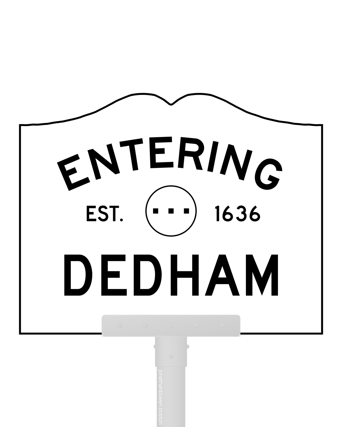 Dedham, Massachusetts, appears on a municipal entry sign marked EST. 1636.