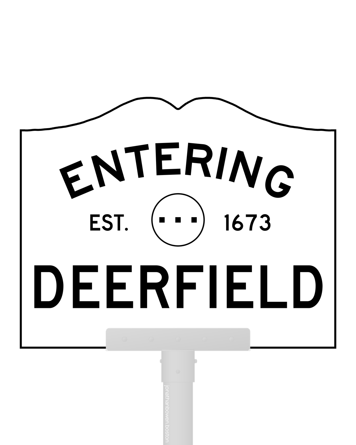 Deerfield, Massachusetts, appears on a municipal entry sign marked EST. 1673.