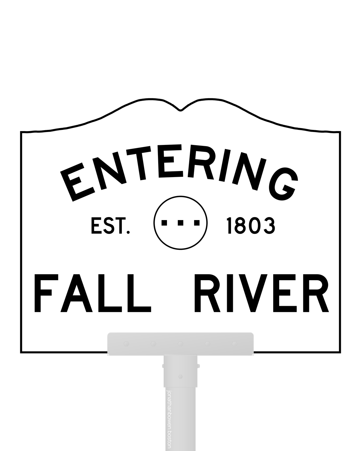 Fall River, Massachusetts, appears on a municipal entry sign marked EST. 1803.