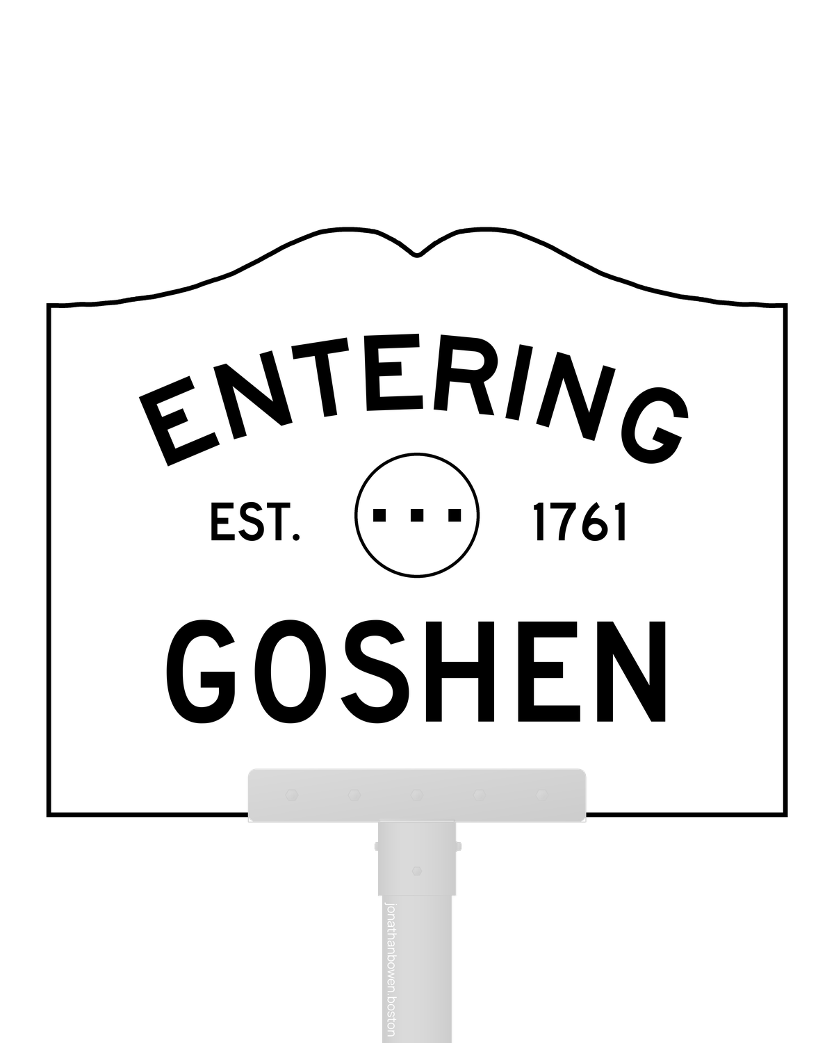 Goshen, Massachusetts, appears on a municipal entry sign marked EST. 1761.