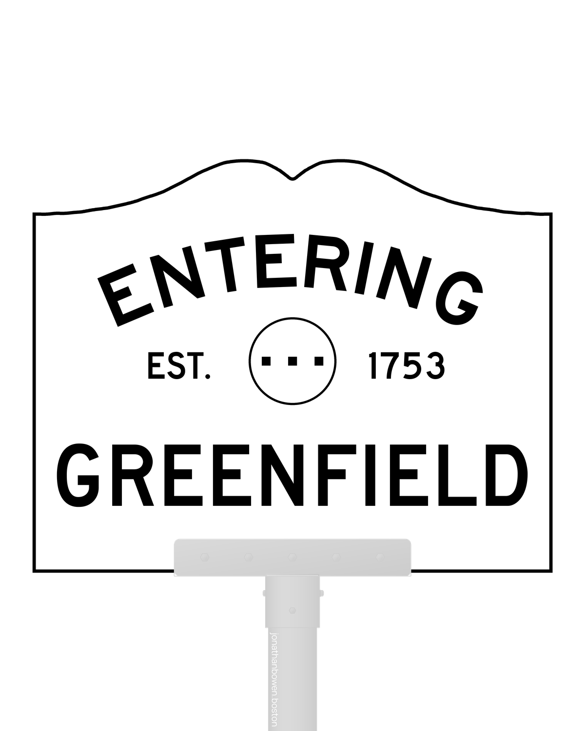 Greenfield, Massachusetts, appears on a municipal entry sign marked EST. 1753.