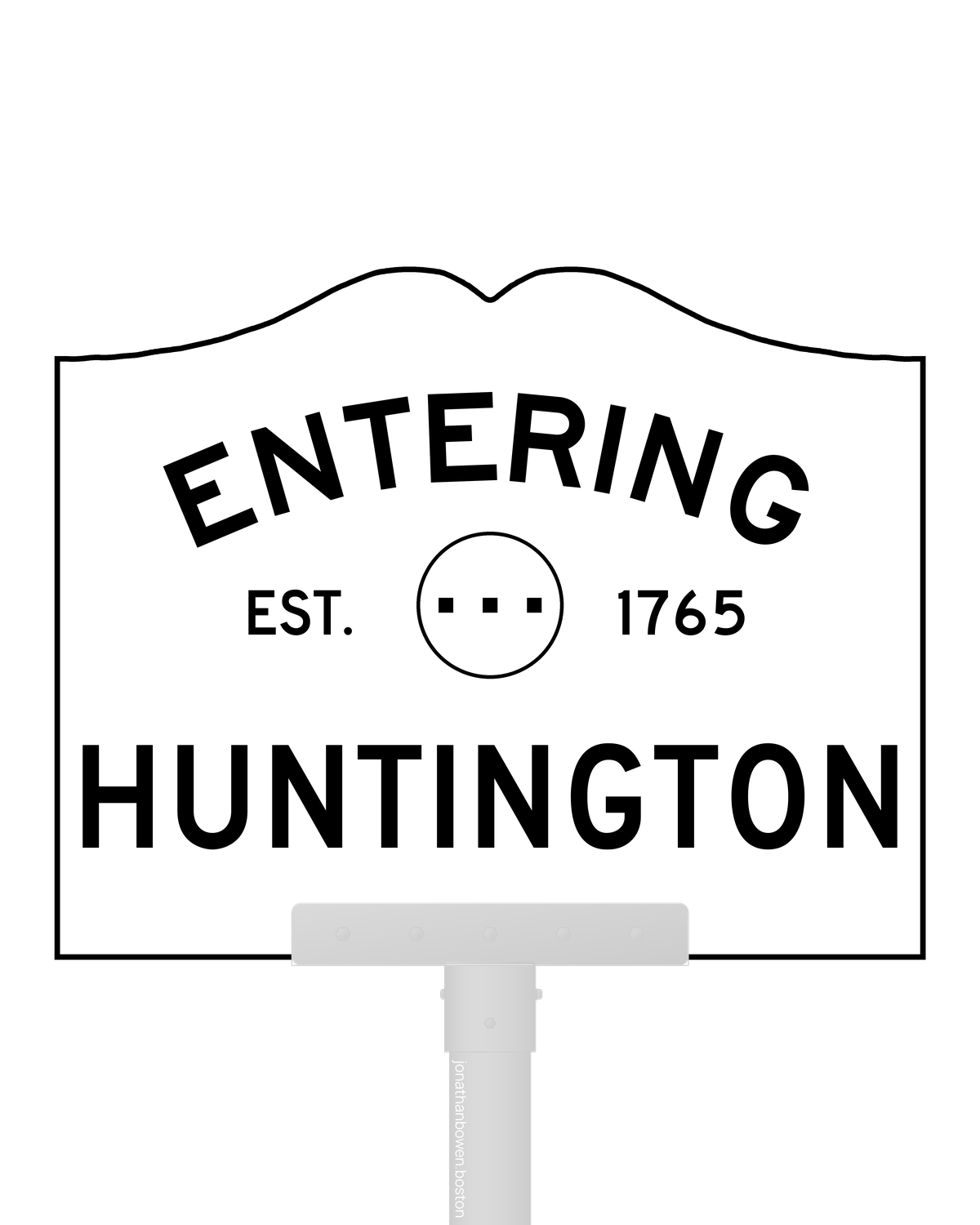 Huntington, Massachusetts, appears on a municipal entry sign marked EST. 1765.