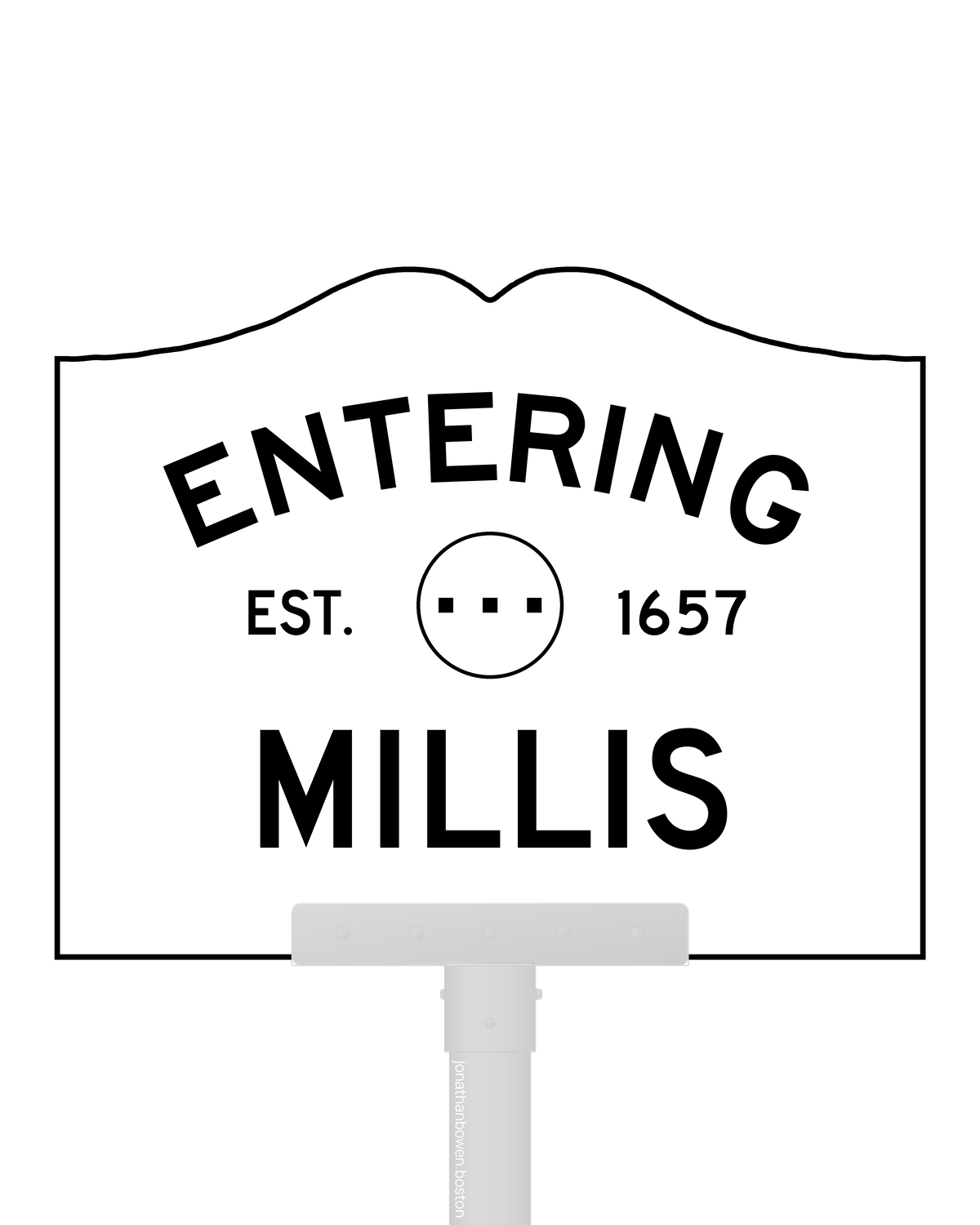 Millis, Massachusetts, appears on a municipal entry sign marked EST. 1657.