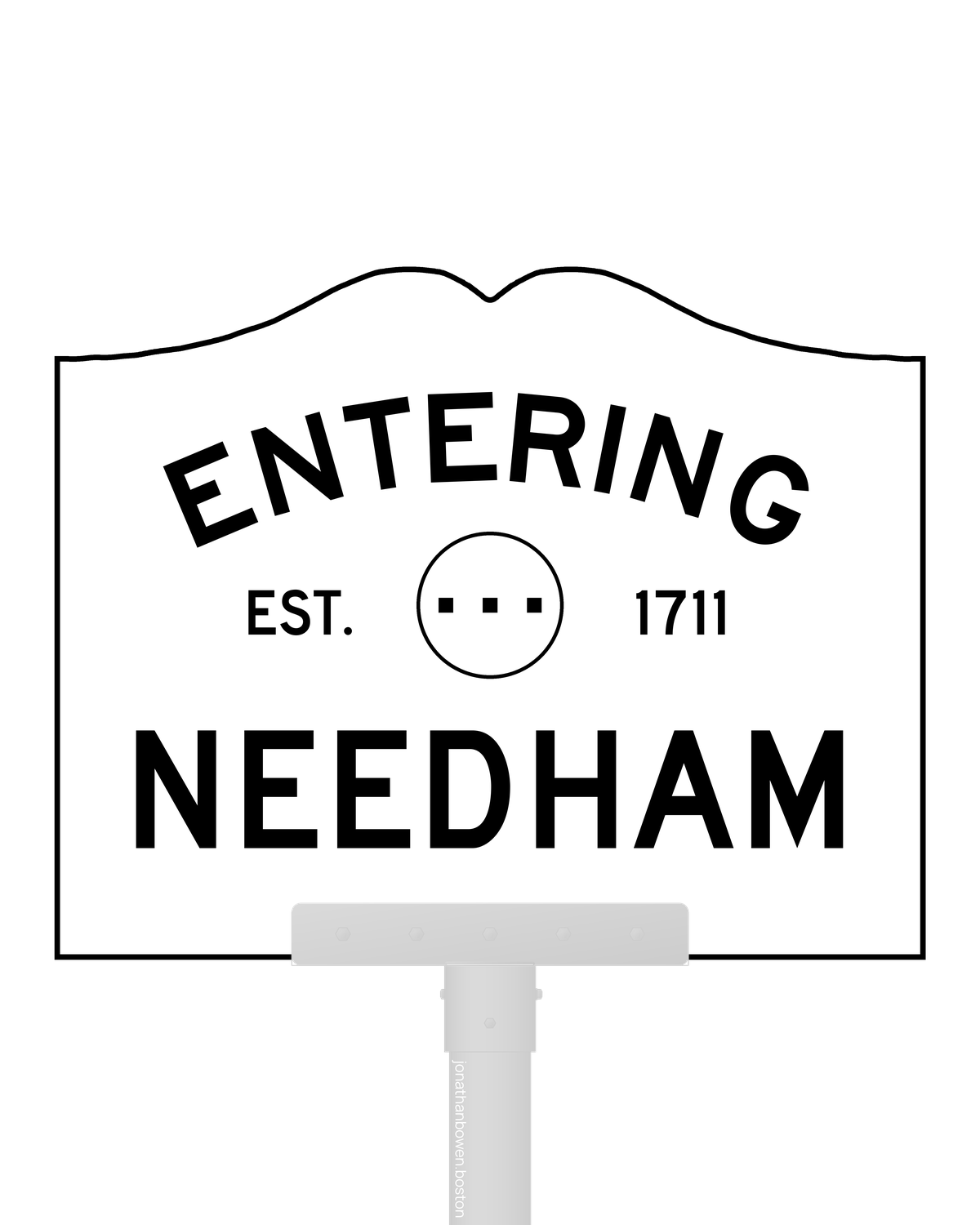 Needham, Massachusetts, appears on a municipal entry sign marked EST. 1711.