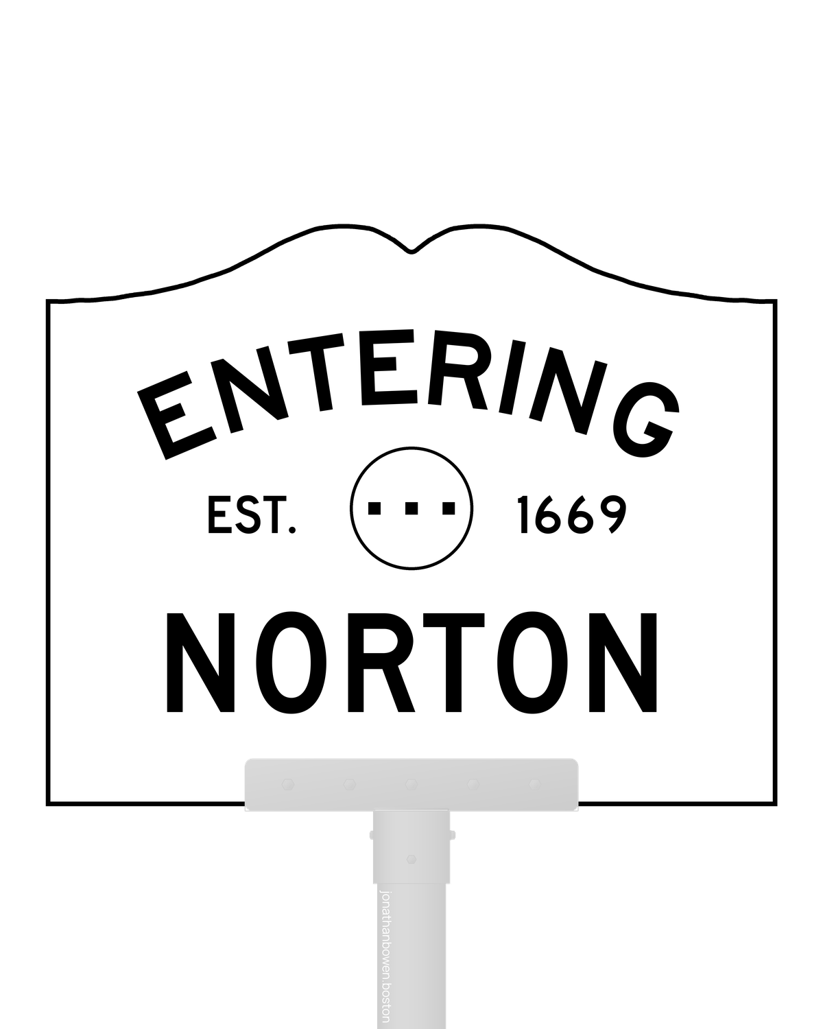 Norton, Massachusetts, appears on a municipal entry sign marked EST. 1669.