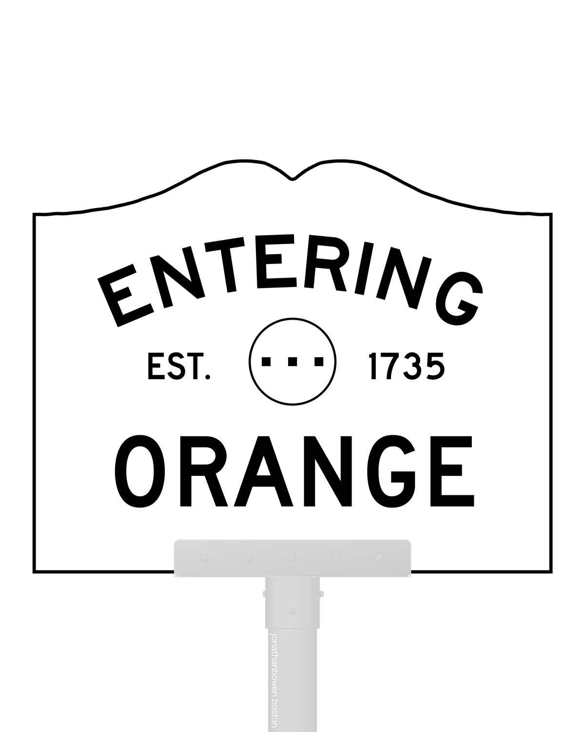 Orange, Massachusetts, appears on a municipal entry sign marked EST. 1735.