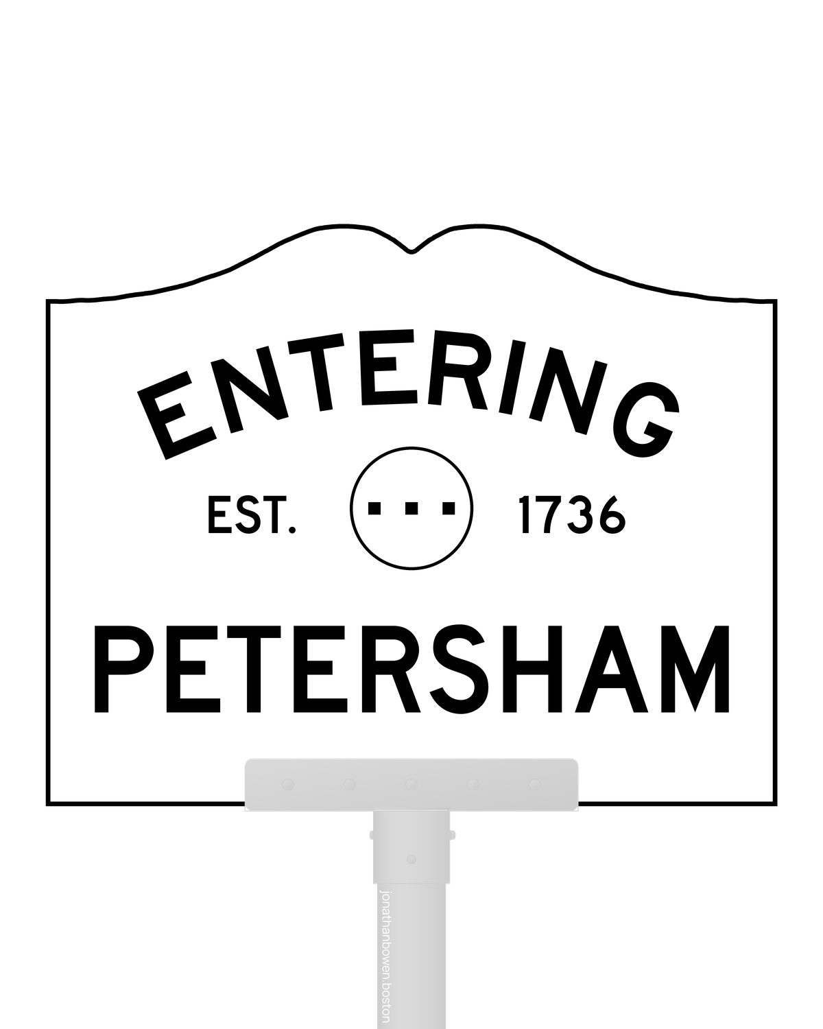 Petersham, Massachusetts, appears on a municipal entry sign marked EST. 1736.