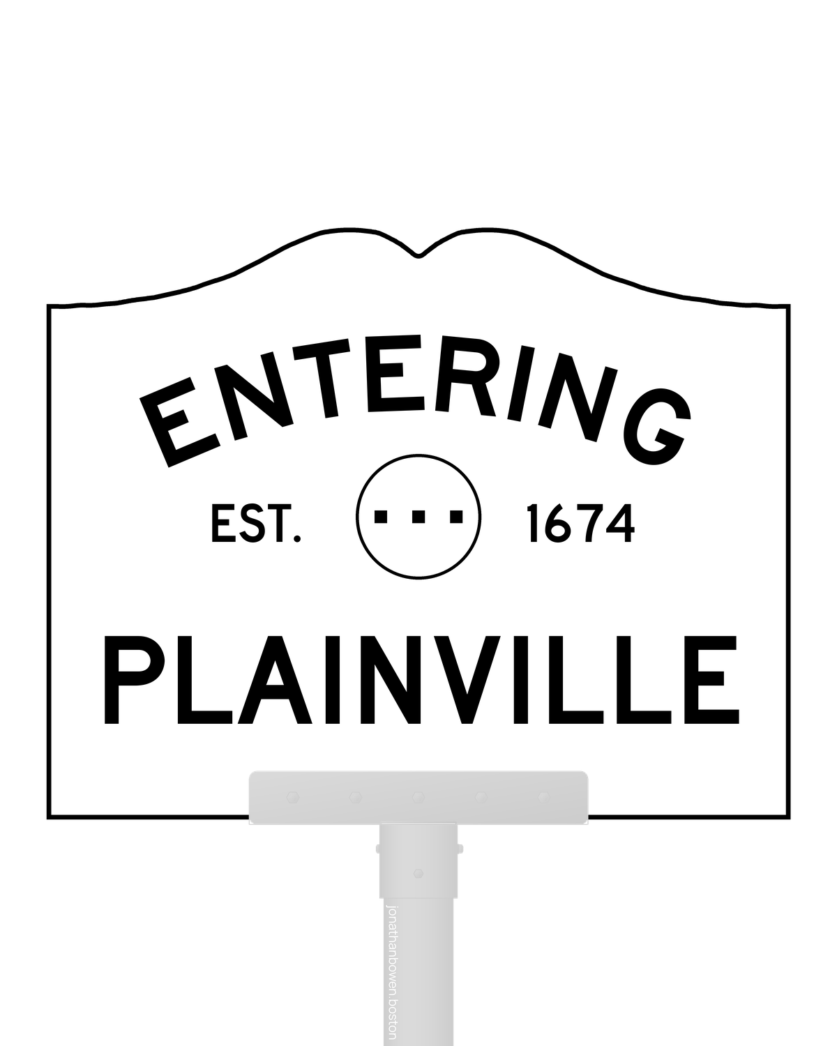 Plainville, Massachusetts, appears on a municipal entry sign marked EST. 1674.