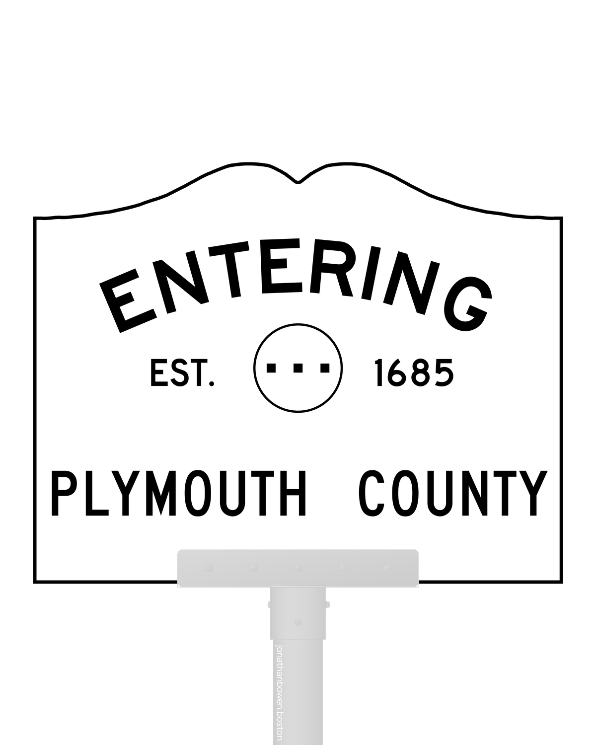 County entry sign for Plymouth County, Massachusetts, marked EST. 1685.