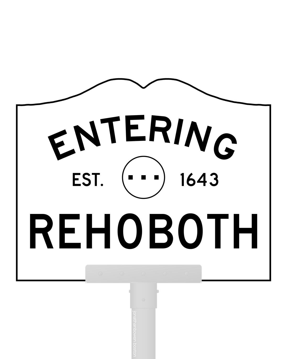Rehoboth, Massachusetts, appears on a municipal entry sign marked EST. 1643.