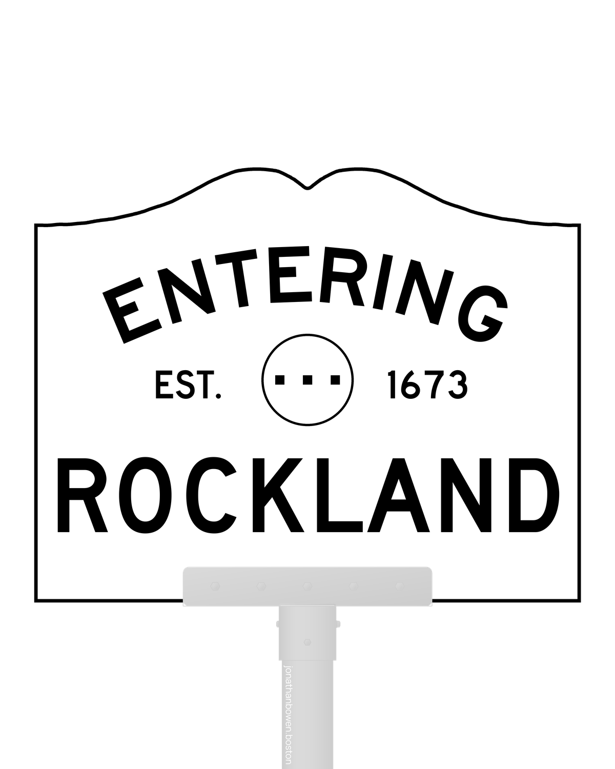 Rockland, Massachusetts, appears on a municipal entry sign marked EST. 1673.
