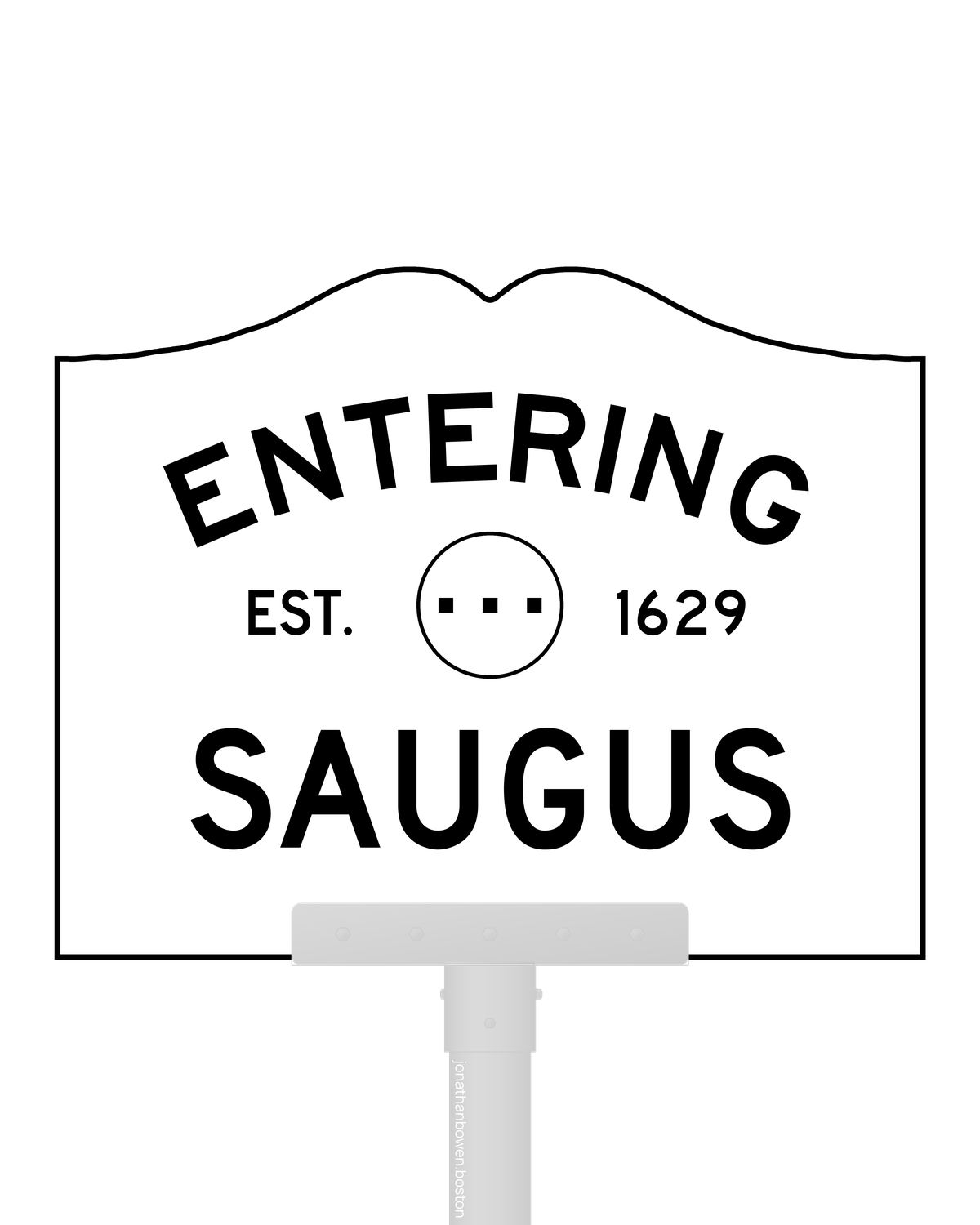 Saugus, Massachusetts, appears on a municipal entry sign marked EST. 1629.