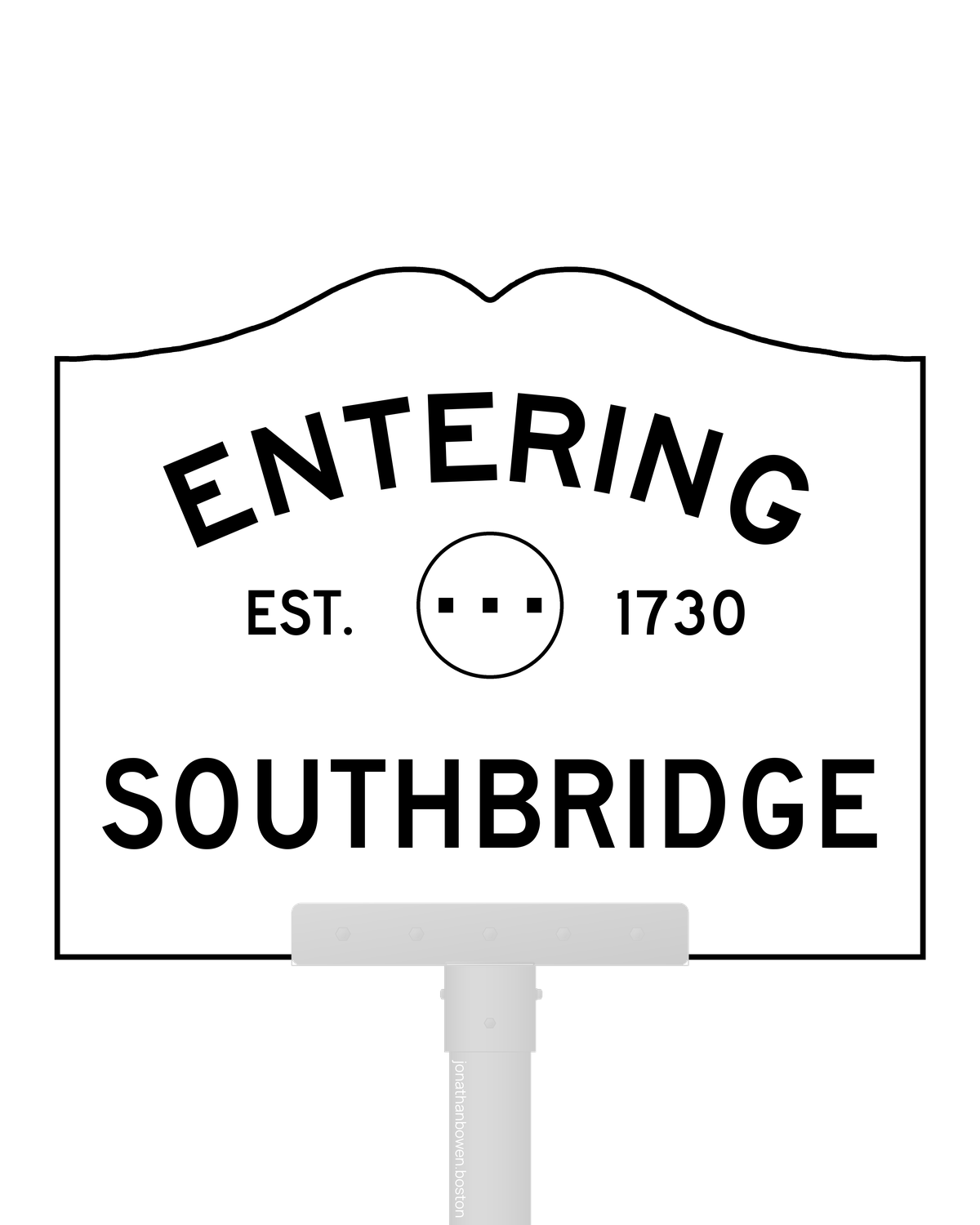 Southbridge, Massachusetts, appears on a municipal entry sign marked EST. 1730.