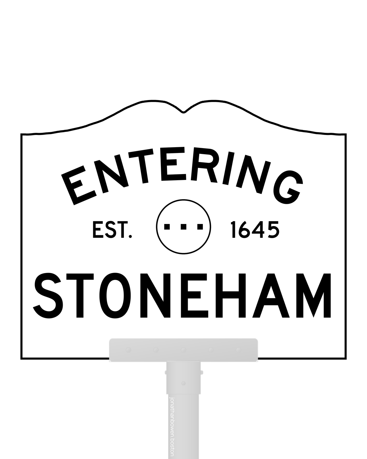Stoneham, Massachusetts, appears on a municipal entry sign marked EST. 1645.