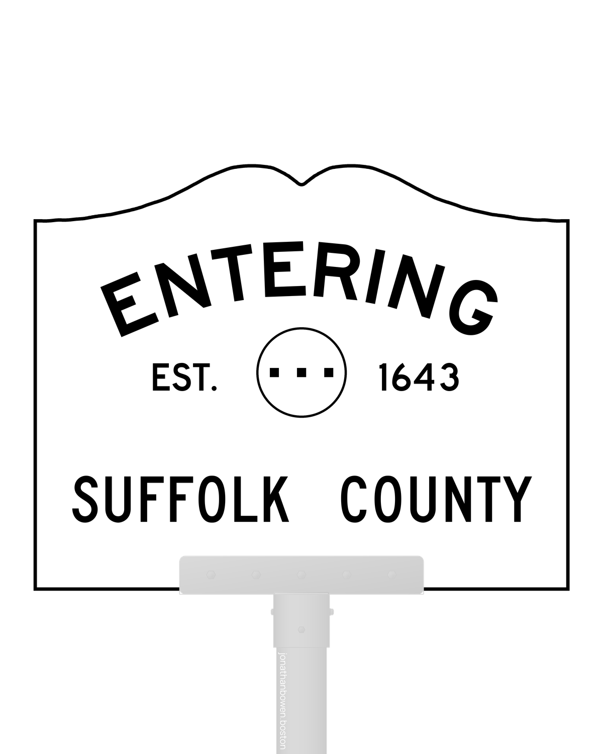 County entry sign for Suffolk County, Massachusetts, marked EST. 1643.