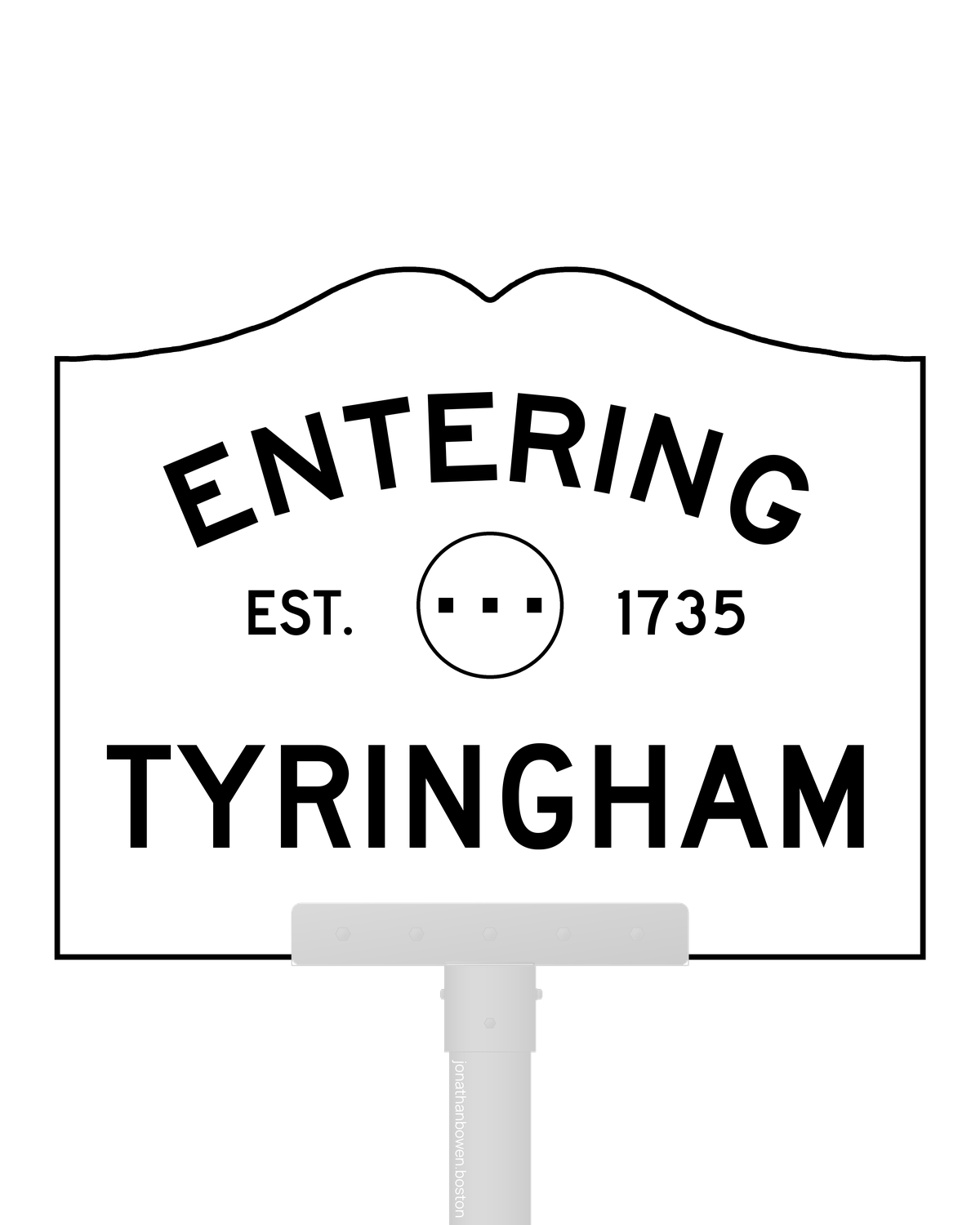Tyringham, Massachusetts, appears on a municipal entry sign marked EST. 1735.