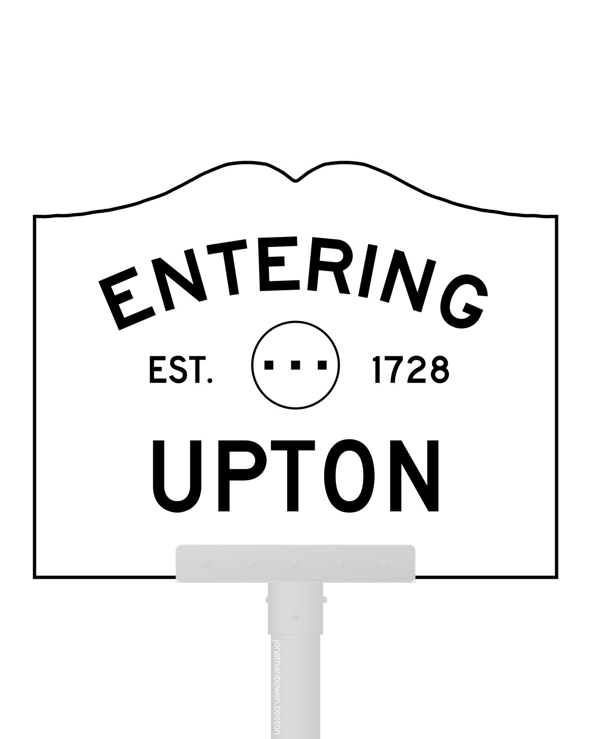 Upton, Massachusetts, appears on a municipal entry sign marked EST. 1728.