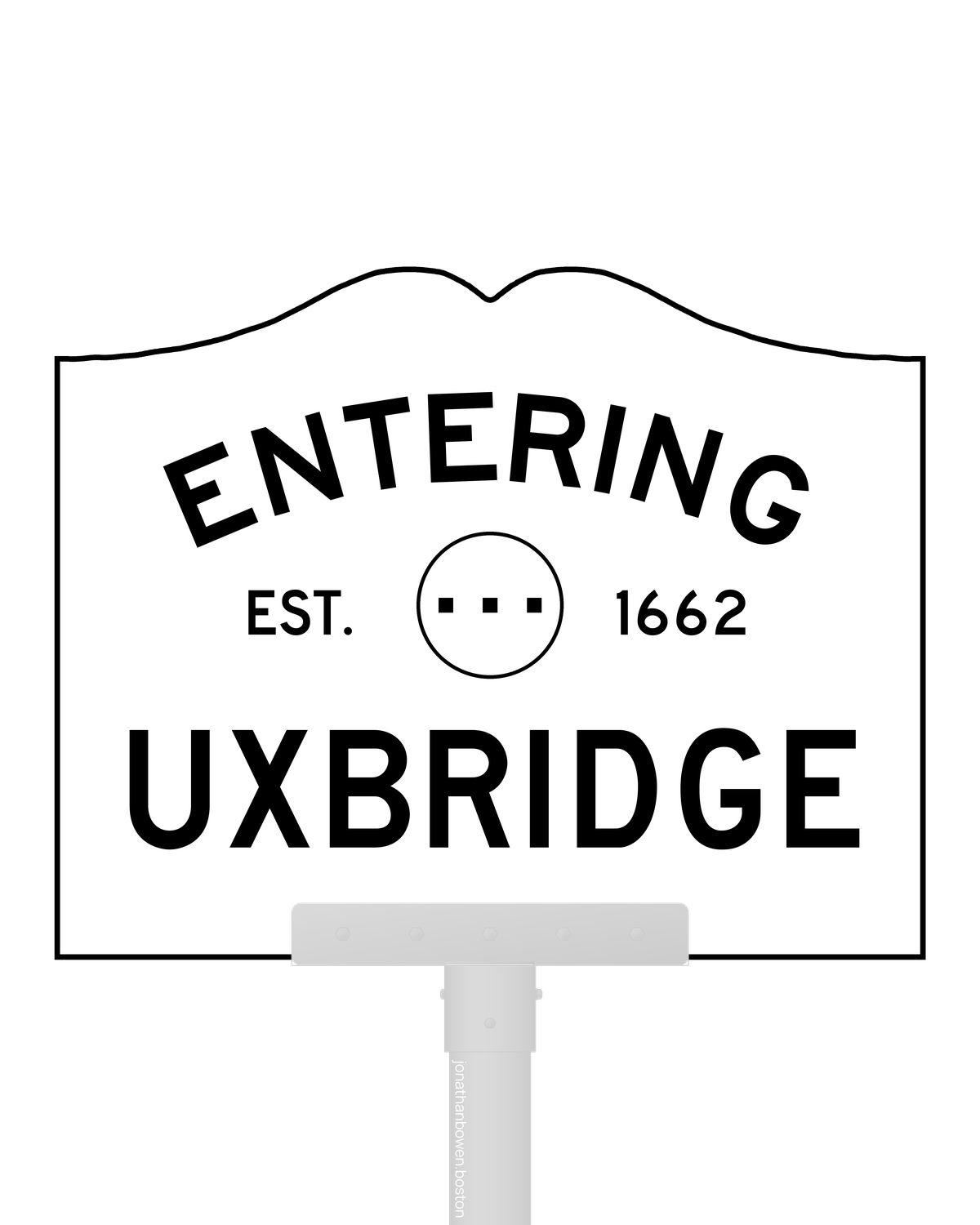 Uxbridge, Massachusetts, appears on a municipal entry sign marked EST. 1662.