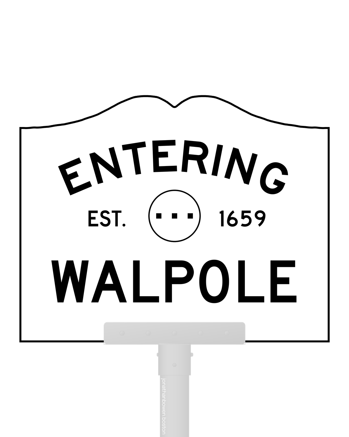 Walpole, Massachusetts, appears on a municipal entry sign marked EST. 1659.