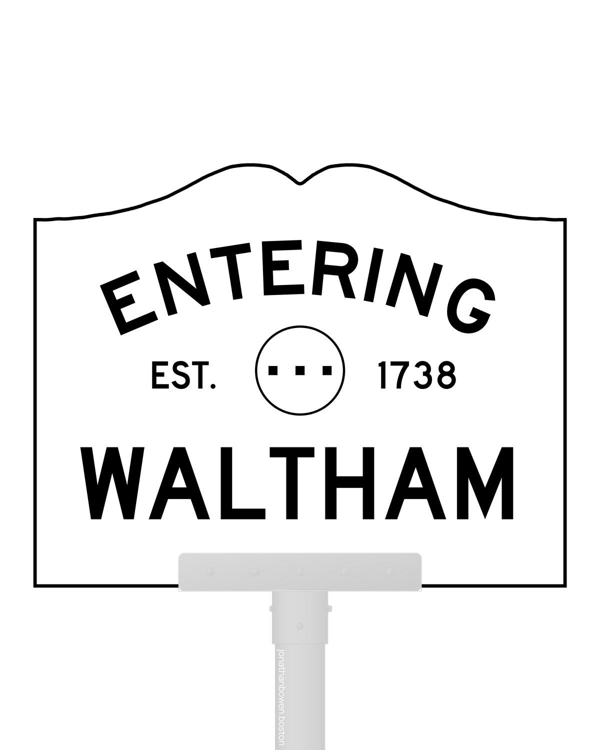 Waltham, Massachusetts, appears on a municipal entry sign marked EST. 1738.