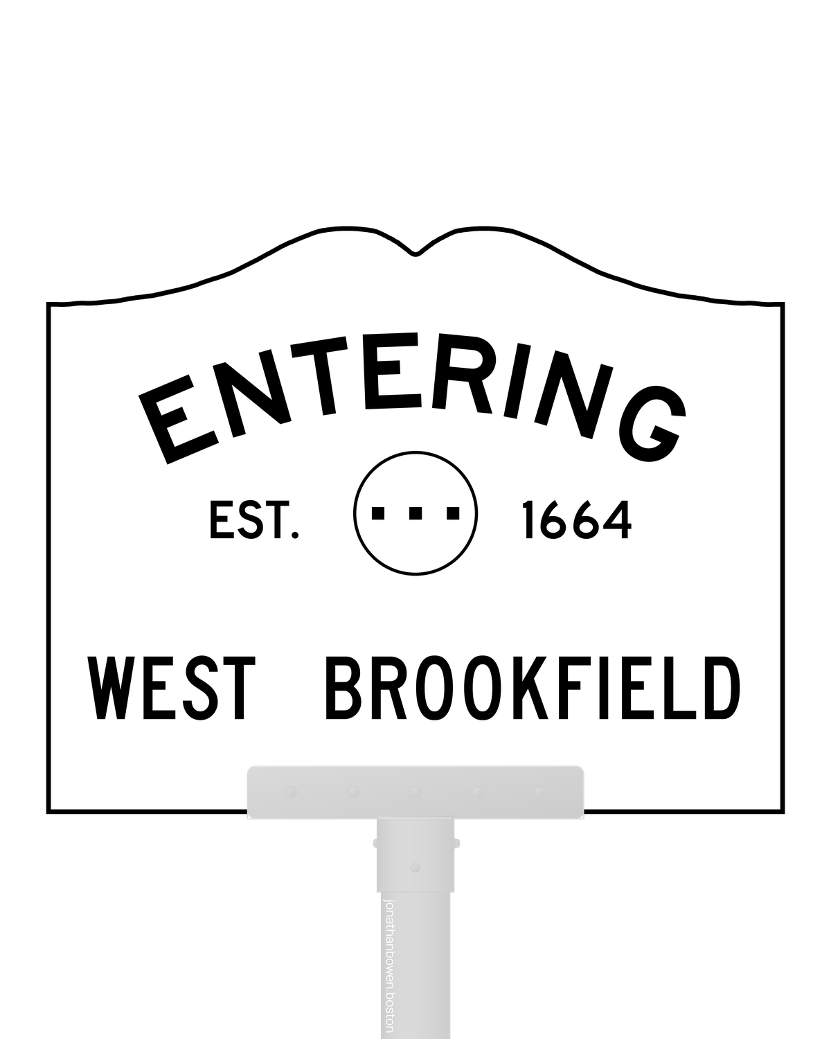 West Brookfield, Massachusetts, appears on a municipal entry sign marked EST. 1664.