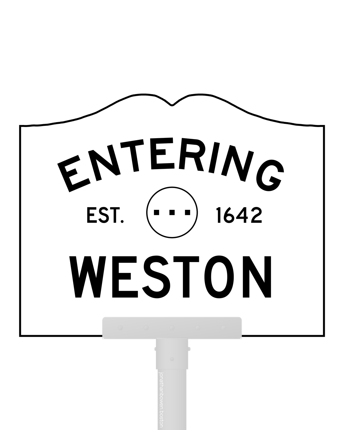 Weston, Massachusetts, appears on a municipal entry sign marked EST. 1642.