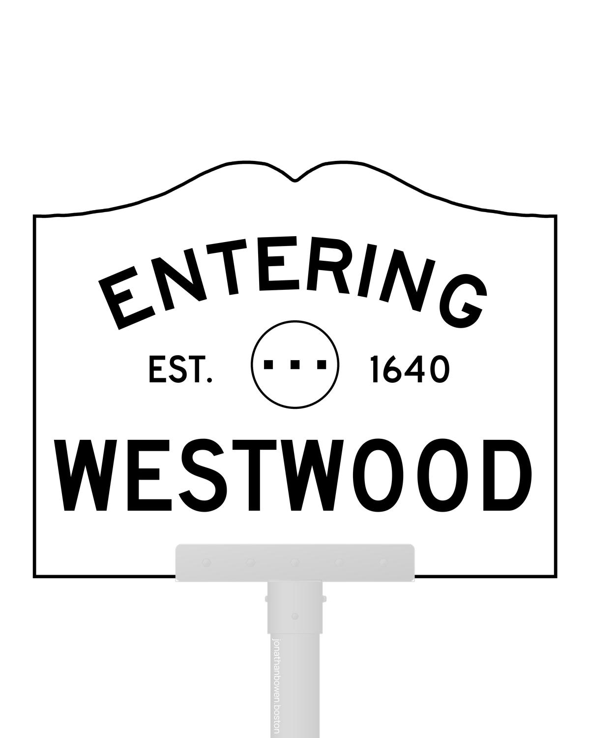 Westwood, Massachusetts, appears on a municipal entry sign marked EST. 1640.