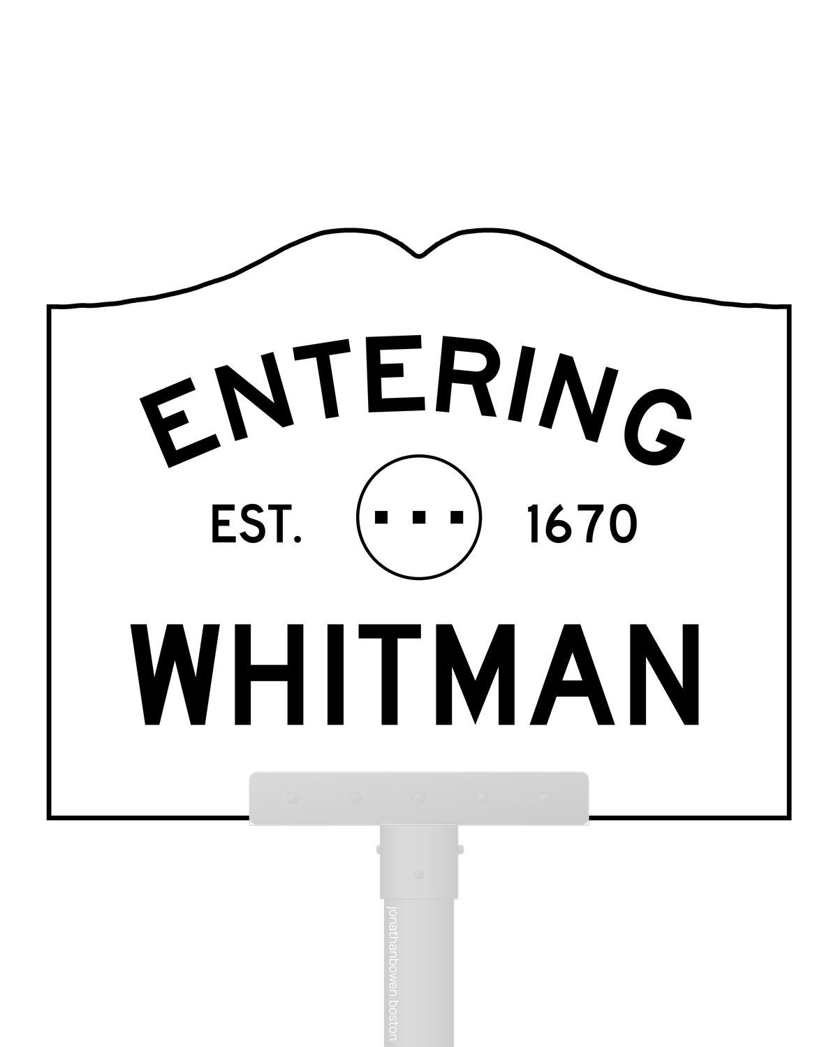 Whitman, Massachusetts, appears on a municipal entry sign marked EST. 1670.