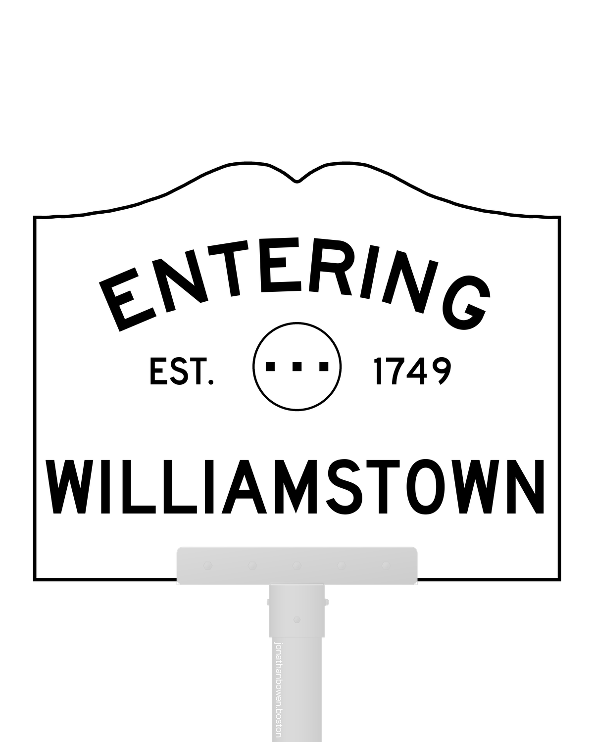 Williamstown, Massachusetts, appears on a municipal entry sign marked EST. 1749.
