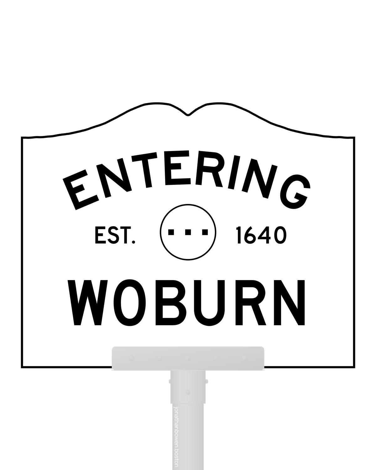 Woburn, Massachusetts, appears on a municipal entry sign marked EST. 1640.