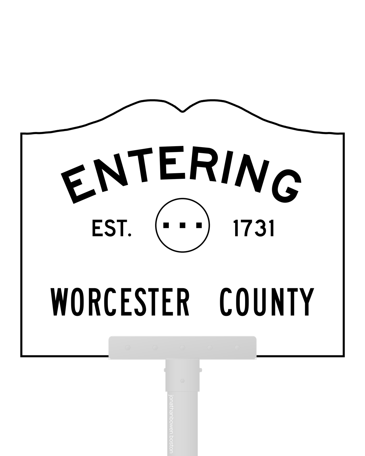 County entry sign for Worcester County, Massachusetts, marked EST. 1731.