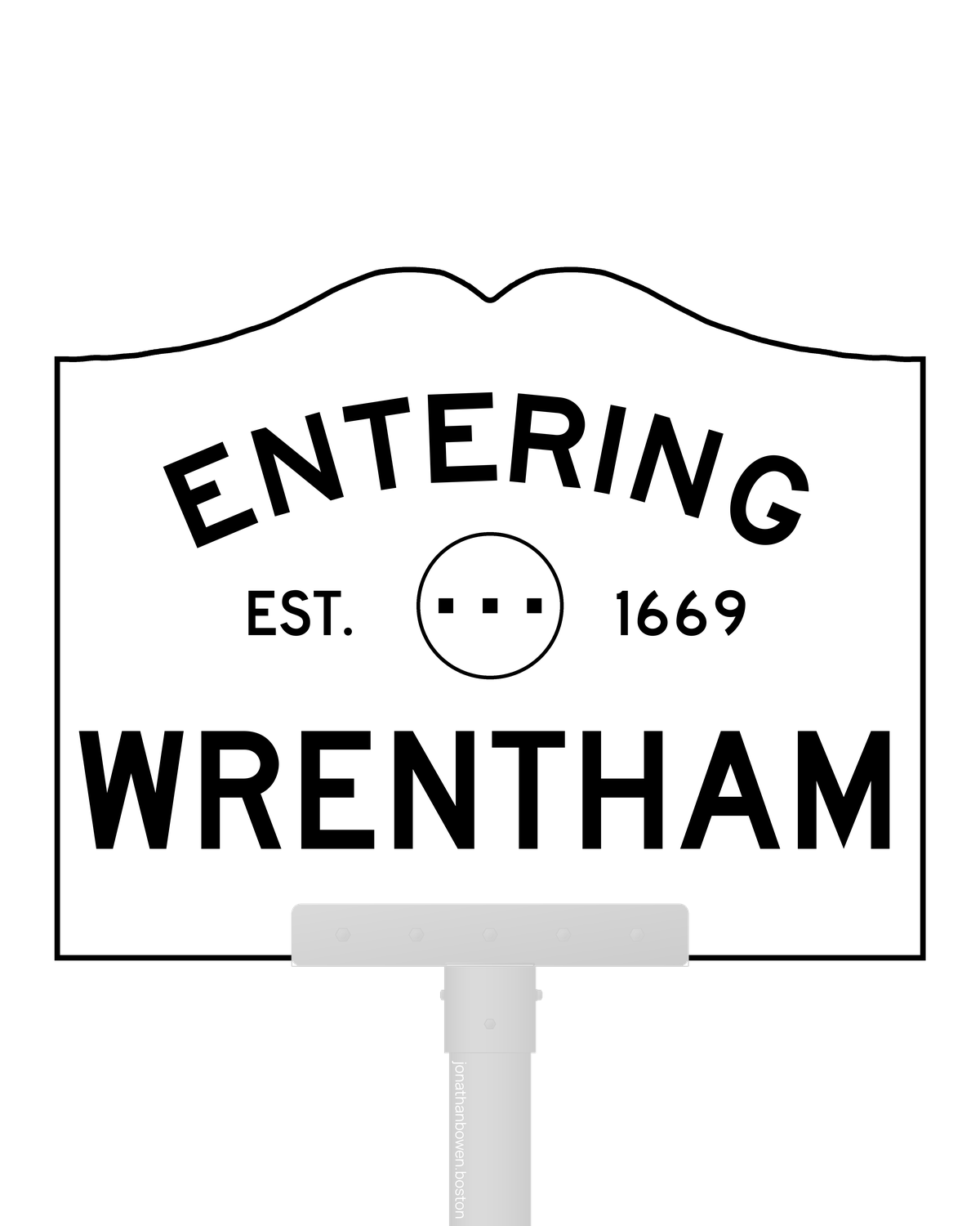 Wrentham, Massachusetts, appears on a municipal entry sign marked EST. 1669.